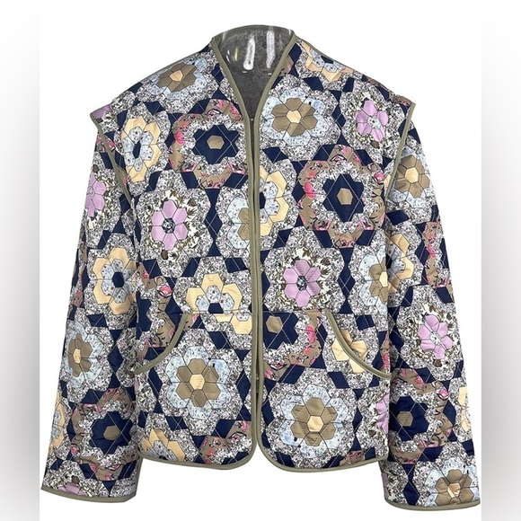 Cropped Puffer Quilted Jacket Vintage Floral Print Open Front Lightweight - Picture 2 of 9